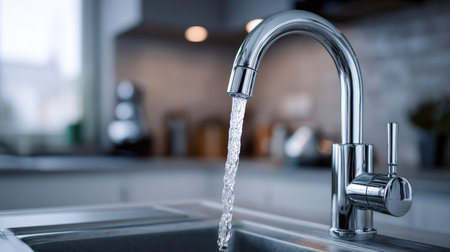 Sleek chrome fixture pours clear water into a polished stainless steel basin, set within a pristine, modern kitchen amidst soft glowing ambient lighting.の写真素材