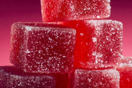Juicy, ruby-red gummies layered together sparkle with crystalline sugar, highlighting their chewy texture amid a sleek, gradient backdrop.の写真素材