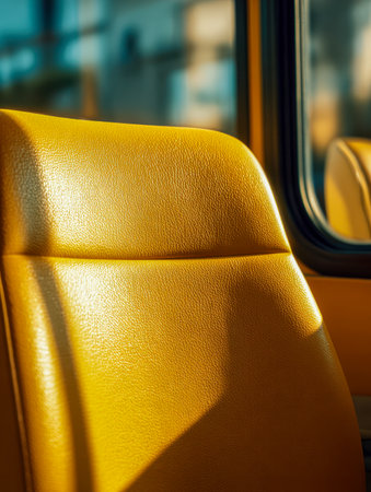 A bright yellow leather seat bathed in daylight, showcasing inviting textures and subtle reflections, evoking a cozy and cheerful travel atmosphere amid sleek, moderの写真素材