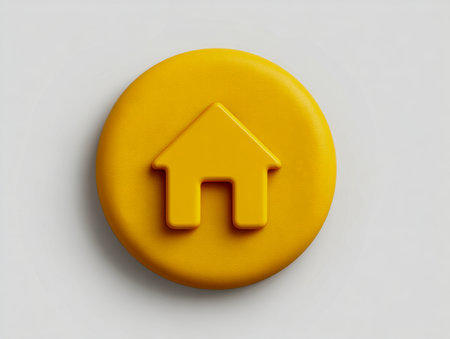 A vibrant three-dimensional yellow house symbol rests atop a sleek, circular button with gentle illumination, set against a neutral gray backdrop perfect for digitalの写真素材