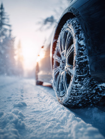 A resilient tire digs into icy snow as the golden sunset filters through frosted trees, emphasizing...