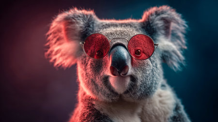 A charming koala sportingly poses with vibrant crimson-tinted glasses, illuminated by striking lighting that accentuates its soft ears and shaggy fur against a moodyの写真素材