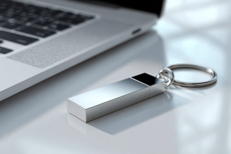 A polished metal usb keychain rests on a reflective white surface, adjacent to a contemporary...
