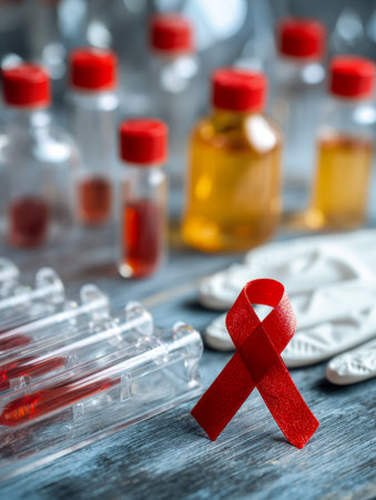 A symbolic red ribbon lies among glass test tubes and specimen vials filled with blood, reflecting dedication to medical advancement on a rustic wooden background.の写真素材