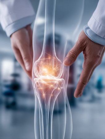 A healthcare expert examines a detailed digital scan of a knee, with luminous alerts emphasizing...
