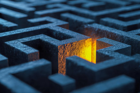 A soft, inviting glow penetrates a rugged stone maze, illuminating a narrow opening that hints at hidden paths and unforeseen revelations within complexity.の写真素材