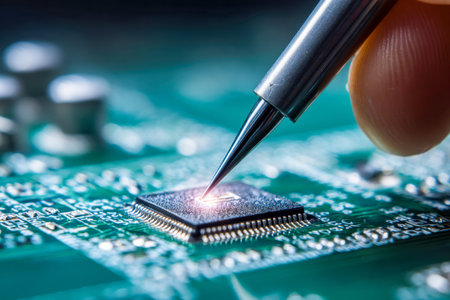 A delicately technicianly fine-tunes a microcomponent on a circuit board, highlighting meticulous...
