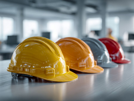 Vibrant helmets arranged neatly on a wooden surface highlight essential workplace safety gear amid a contemporary office setting with a softly blurred backdrop.の写真素材