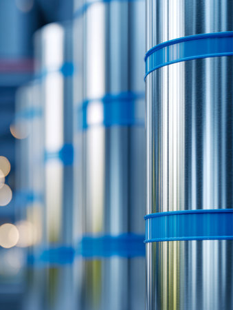 Sleek metallic containers with vibrant blue accents line up meticulously in a contemporary manufacturing environment, illuminated by gentle ambient lighting and poliの写真素材