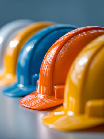 Brightly colored helmets aligned neatly, highlighting crucial safety equipment in industrial...