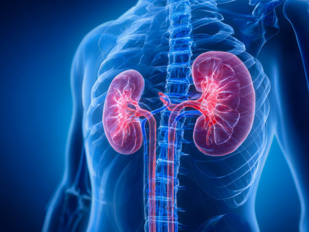 A precise medical graphic showing the internal structure of the kidneys and urinary flow, embedded within a transparent upper torso with spine, set against a blueの写真素材