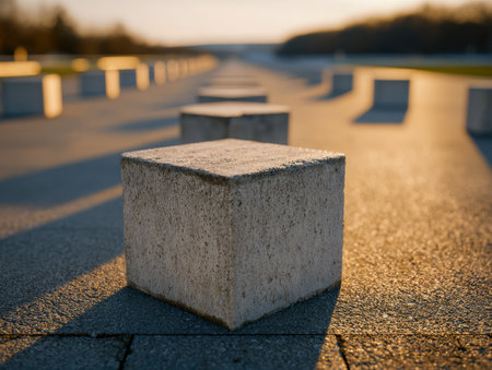 Warm sunlight molds sharp profiles of geometric concrete blocks, elongating their shadows across the textured pavement amid a softly blurred cityscape.の写真素材