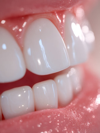 A cheerful smile revealing immaculate teeth and healthy pink gums, highlighting clean, well-maintained oral health in an uplifting, luminous environmentの写真素材