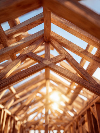 Golden rays illuminate the detailed timber frame of a building in progress, set against a vibrant azure sky, evoking a fresh start and craftsmanship.の写真素材