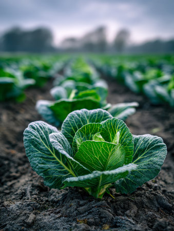 Vibrant cabbage seedlings emerge orderly across rich, moist earth, with soft morning mist lending a serene atmosphere, while distant trees fade into a gentle haze.の写真素材