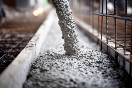 Liquid concrete flows into a steel mold, with exposed rebar on the side, laying the groundwork for a resilient and lasting structural base.の写真素材