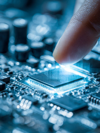 A human finger presses a luminous microchip embedded in a sleek circuit board, highlighting cutting-edge innovation and the future of digital technology.の写真素材