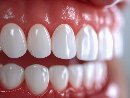A close-up of a dental replica featuring flawlessly arranged porcelain teeth with polished surfaces,...