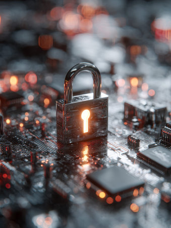 A luminous security icon embedded on a sleek, modern circuit board, surrounded by vibrant, glowing...