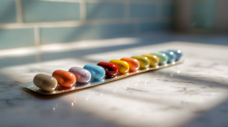Brightly hued pills aligned precisely in a plastic shell, basking in sunlight against a polished marble surface in a cozy tiled kitchen.の写真素材