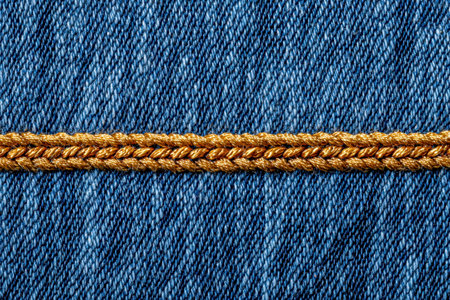 A close-up of vibrant blue denim highlighting the intricate golden stitch pattern, revealing...