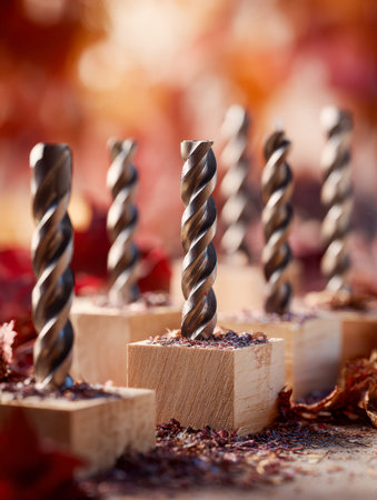 Tall spiral drill bits rest upon wooden blocks, encircled by scattered shavings, set against a warm...