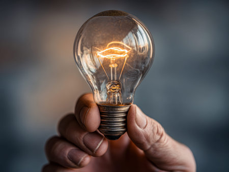 A person's hand gently cradles a luminous vintage-style bulb, showing intricate filament...