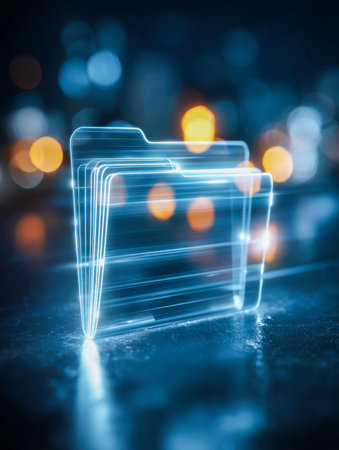 A sleek, semi-transparent digital folder radiates vibrant light trails on a glossy surface, embodying cutting-edge data handling and innovation in technology.の写真素材