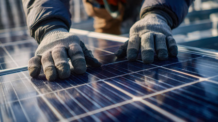 A technician in safety gear carefully secures a solar module under a bright blue sky, emphasizing...
