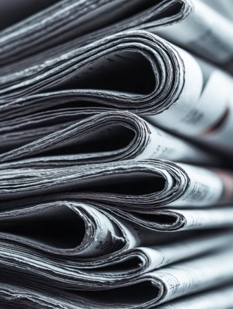 Overlapping pages reveal varied textures and crisp edges, capturing the essence of information flow and journalistic history in monochrome tones.の写真素材