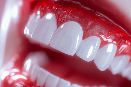 An expertly crafted dental model displaying pristine white teeth and vibrant red gums, perfect for demonstrating healthy smiles in educational and clinical settings.の写真素材