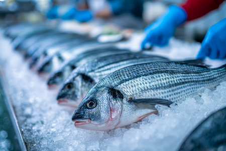 Vibrant striped fish lie chilled on crushed ice as busy vendors in blue gloves skillfully fillet and arrange seafood, creating an energetic market scene.の写真素材