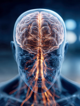 A high-resolution digital depiction showcasing a transparent head revealing glowing neural circuits...