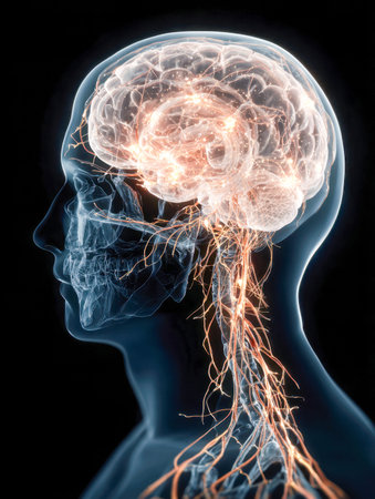 A striking depiction of the inner workings of the human mind, showing glowing neural networks within...