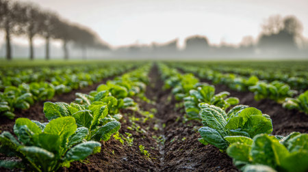 Morning mist blankets vibrant lettuce beds in a tranquil farm, nestled among distant trees, evoking freshness and peaceful rural harmony.の写真素材