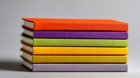 A tidy row of colorful hardcover volumes arranged side by side on a plain backdrop, evoking themes...