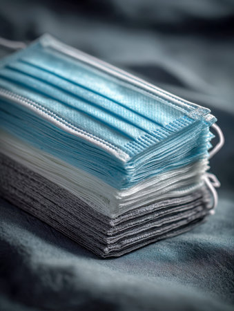 A carefully arranged pile of face masks in shades of blue, white, and gray rests on a textured fabric background, highlighting hygiene essentials for protection andの写真素材