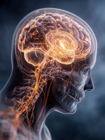 A detailed view of a human skull with a transparent surface reveals an intricate neural web illuminated by vibrant glow, showcasing the brain?s complex communicationの写真素材
