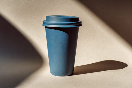 A sleek blue eco-friendly container with a secure lid rests on a neutral background, its gentle...