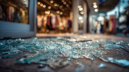 A scattering of jagged glass shards carpets the floor, contrasted against a softly blurred shop interior illuminated by cozy, amber-toned lighting and vibrant appareの写真素材