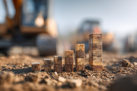 A series of handcrafted wooden cubes progressively taller, placed on earthy ground, representing progress and potential within a rugged outdoor work settingの写真素材