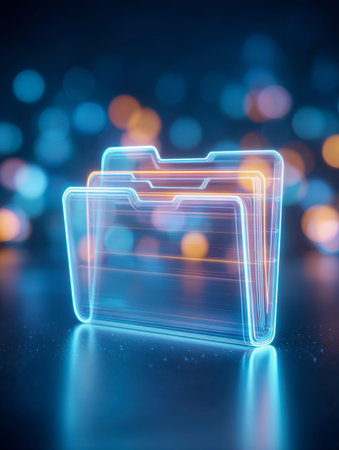 A luminous, high-tech emblem featuring sleek digital directories illuminated by vibrant neon...