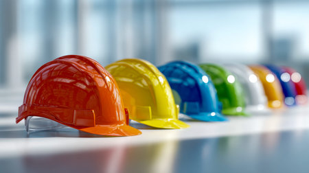 Brightly colored helmets arranged neatly on a mirrored surface beneath gentle natural lighting evoke...