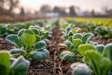 Lush green leafy crops thrive under warm sunlight in a tranquil rural field, with textured soil and...