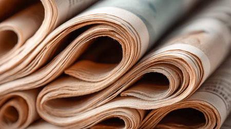 A cozy arrangement of aged newspapers with curled edges highlights intricate textures and layered...