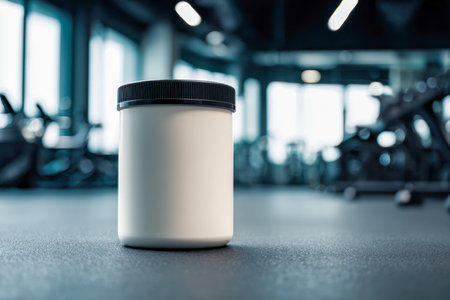 A sleek white container with a dark lid rests on a gym floor, surrounded by exercise machines blurred in the background, perfect for dynamic fitness branding.の写真素材