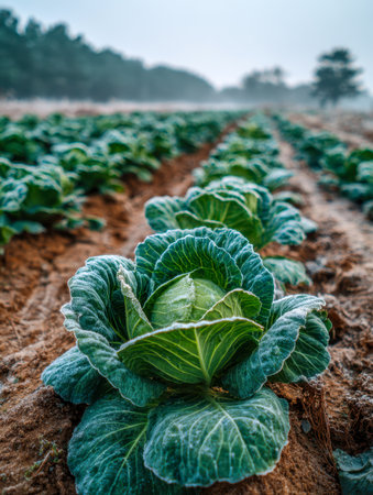 Dewy, snow-touched cabbages lie in orderly lines across a chill morning farm, shrouded in mist amidst a peaceful rural panorama.の写真素材