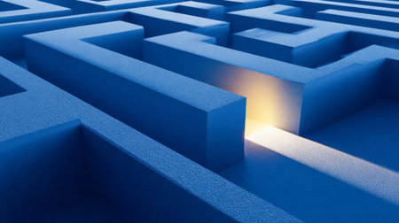 A glowing blue-lit corridor winding through a labyrinth, representing clarity and guidance in navigating intricate problems and uncovering hidden solutions.の写真素材