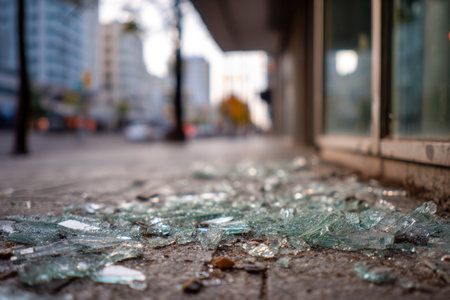 Broken glass fragments lay strewn across a city pavement near reflective windowpanes, with a busy street scene softly blurred in the background during daylight.の写真素材