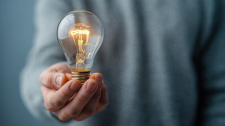 A cozy-clad hand presents a luminous incandescent bulb, embodying creative sparks and innovative thinking amid a gentle, out-of-focus backdrop.の写真素材